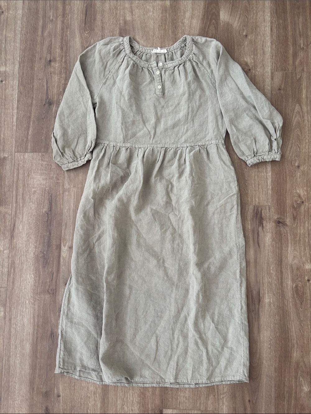 Gillian Stevens Khaki Beige Long-Sleeve 100% linen maxi Dress size 2